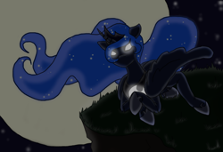 Size: 806x550 | Tagged: safe, artist:curiiosiity, princess luna, alicorn, pony, glowing eyes, moon, prone, solo