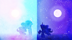 Size: 1600x900 | Tagged: safe, artist:jordila-forge, artist:spaceisthelimit, princess celestia, princess luna, alicorn, pony, day, female, mare, moon, night, rear view, royal sisters, sisters, sun, vector, wallpaper