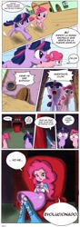 Size: 1240x3508 | Tagged: safe, artist:doublewbrothers, pinkie pie, twilight sparkle, equestria girls, clone, comic, dialogue, funny, spanish, translation