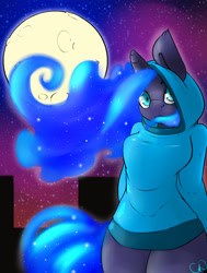 Size: 1891x2500 | Tagged: safe, artist:cynux, princess luna, anthro, clothes, hoodie, moon, solo, space, stars