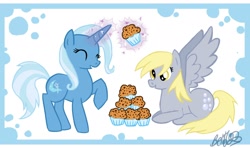 Size: 1958x1158 | Tagged: safe, artist:bethwhowishes, derpibooru import, derpy hooves, trixie, pegasus, pony, female, happy, mare, muffin