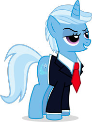 Size: 3807x5000 | Tagged: safe, artist:limedazzle, derpibooru import, trixie, pony, unicorn, clothes, donald trump, grin, lidded eyes, necktie, president, rule 63, simple background, smiling, smirk, solo, suit, transparent background, vector