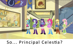 Size: 1099x700 | Tagged: safe, applejack, fluttershy, pinkie pie, rainbow dash, rarity, twilight sparkle, equestria girls, equestria girls (movie), eqg promo pose set, equestria girls drama, hallway, hand on hip, hilarious in hindsight, implied princess celestia, it happened, line-up, looking at you, mane six, twoiloight spahkle