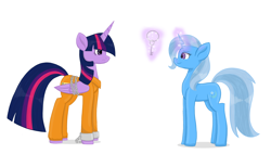 Size: 2616x1481 | Tagged: safe, artist:sisirr, derpibooru import, trixie, twilight sparkle, twilight sparkle (alicorn), alicorn, pony, unicorn, bound wings, chains, clothes, cuffs, frown, key, levitation, magic, prison outfit, prisoner, prisoner ts, shackles, simple background, smiling, telekinesis, white background