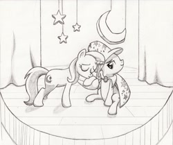 Size: 3032x2532 | Tagged: safe, artist:aqnichols, derpibooru import, trixie, pony, unicorn, cape, clone, clothes, female, hat, high res, hoof kissing, kissing, lesbian, mare, monochrome, narcissism, self ponidox, selfcest, shipping, stage, traditional art, trixie's cape, trixie's hat, trixtrix