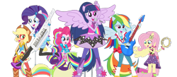 Size: 1431x622 | Tagged: safe, artist:vaniaeditors, applejack, fluttershy, pinkie pie, rainbow dash, rarity, twilight sparkle, equestria girls, rainbow rocks, bass guitar, drums, guitar, keytar, mane six, microphone, musical instrument, ponied up, tambourine, the rainbooms