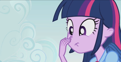 Size: 1366x702 | Tagged: safe, screencap, twilight sparkle, equestria girls, :t, boop, caption, frown, nose wrinkle