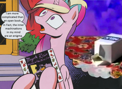 Size: 1509x1102 | Tagged: safe, idw, princess cadance, alicorn, pony, neigh anything, spoiler:comic, spoiler:comic12, album cover, exploitable meme, female, mare, meme, milk, ponified, ponified album cover, ponytail, prance and the revolution, prince (musician), prince and the revolution, purple rain, spilled milk, spongebob squarepants, the inner machinations of my mind are an enigma, the secret box, thought bubble