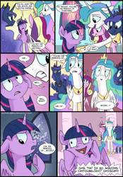 Size: 906x1300 | Tagged: safe, artist:spainfischer, princess cadance, princess celestia, princess luna, twilight sparkle, twilight sparkle (alicorn), alicorn, pony, twilight's kingdom, :, :>, alicorn tetrarchy, comic, derp, female, floppy ears, frown, grin, gritted teeth, mare, nervous, open mouth, princess of books, raised eyebrow, scene parody, shrug, smiling, that pony sure does love books, thinking, twilight snapple, underhoof, wide eyes