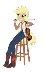 Size: 2132x3332 | Tagged: safe, artist:skycatcherequestria, applejack, equestria girls, clothes, fiddle, loose hair, musical instrument, stool