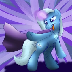 Size: 1000x1000 | Tagged: safe, artist:jinyaranda, derpibooru import, trixie, pony, unicorn, abstract background, cape, clothes, female, magic, mare, open mouth, solo, trixie's cape