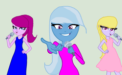 Size: 1322x817 | Tagged: safe, artist:diana173076, derpibooru import, fuchsia blush, lavender lace, trixie, equestria girls, alternate hairstyle, female, singing, trixie and the illusions