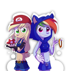 Size: 1024x1024 | Tagged: safe, artist:fj-c, applejack, rainbow dash, equestria girls, belly button, breasts, cleavage, clothes, cosplay, crossover, female, mario, midriff, ring, shorts, simple background, sonic the hedgehog, sonic the hedgehog (series), super mario bros., super mushroom, transparent background