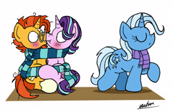 Size: 1908x1220 | Tagged: safe, artist:bobthedalek, derpibooru import, starlight glimmer, sunburst, trixie, pony, unicorn, blushing, bondage, bound together, clothes, eyes closed, female, looking at each other, male, nose wrinkle, now kiss, scarf, scrunchy face, shared clothing, shared scarf, shipper on deck, shipping, simple background, sitting, starburst, straight, the great and powerful shipper, trio, walking, white background, wide eyes