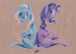 Size: 640x461 | Tagged: safe, artist:getchanoodlewet, derpibooru import, starlight glimmer, trixie, pony, unicorn, looking at each other, looking back, open mouth, sitting, smiling, traditional art