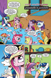 Size: 900x1384 | Tagged: safe, idw, applejack, fluttershy, pinkie pie, princess cadance, rainbow dash, rarity, shining armor, twilight sparkle, alicorn, earth pony, pegasus, pony, unicorn, spoiler:comic, comic, idw advertisement, mane six, preview