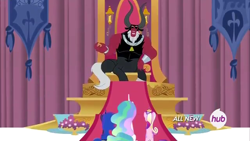 Size: 640x360 | Tagged: safe, screencap, lord tirek, princess cadance, princess celestia, princess luna, centaur, pony, twilight's kingdom, canterlot throne room, ethereal mane, female, hub logo, male, mare, scorpan's necklace, throne, throne room