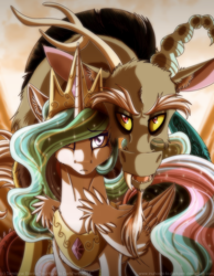 Size: 900x1157 | Tagged: safe, artist:inuhoshi-to-darkpen, discord, princess celestia, alicorn, draconequus, pony, duo