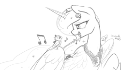 Size: 1280x747 | Tagged: safe, artist:darkflame75, princess luna, alicorn, bird, pony, flower in hair, lunadoodle, monochrome, singing, solo