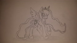 Size: 4128x2322 | Tagged: safe, princess luna, alicorn, pony, happy, monochrome, solo, traditional art