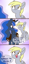 Size: 463x1000 | Tagged: safe, artist:sion, derpy hooves, princess luna, alicorn, pegasus, pony, comic, cute, female, looking back, mare, moonbutt, mooning, open mouth, pun, smiling