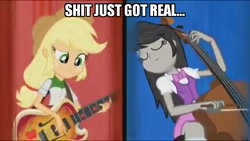 Size: 800x451 | Tagged: safe, edit, edited screencap, screencap, applejack, octavia melody, equestria girls, rainbow rocks, caption, cello, eyes closed, female, guitar, meme, musical instrument