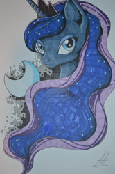 Size: 1024x1540 | Tagged: dead source, safe, artist:dreamyartcosplay, princess luna, alicorn, pony, bust, crescent moon, deviantart watermark, female, looking at you, mare, moon, obtrusive watermark, portrait, simple background, solo, transparent background, watermark