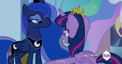 Size: 1535x812 | Tagged: safe, screencap, princess celestia, princess luna, twilight sparkle, twilight sparkle (alicorn), alicorn, pony, twilight's kingdom, female, hub logo, mare, meme, youtube caption