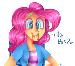 Size: 799x699 | Tagged: safe, artist:baid-woo, pinkie pie, equestria girls, rainbow rocks, c:, carrot, cute, cutie mark eyes, dialogue, diapinkes, fangs, food, heart, lettuce, mouth hold, nom, pinkie being pinkie, scene interpretation, silly human, simple background, smiling, solo, white background, wingding eyes