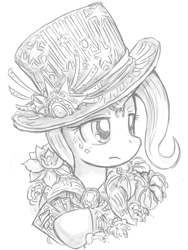 Size: 600x800 | Tagged: safe, artist:saturnspace, derpibooru import, trixie, pony, unicorn, female, hat, mare, monochrome, solo, steampunk, top hat