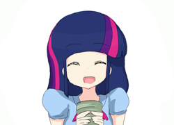 Size: 620x446 | Tagged: safe, twilight sparkle, equestria girls, clothes, cute, happy, humanized, marisa and alice's cookie kiss, parody, school uniform, simple background, tea, touhou, twiabetes, white background