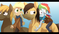 Size: 2000x1152 | Tagged: safe, artist:fj-c, applejack, rainbow dash, horse, equestria girls, humanized, humans riding horses, riding