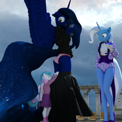 Size: 1500x1500 | Tagged: safe, artist:tahublade7, derpibooru import, princess flurry heart, princess luna, trixie, anthro, plantigrade anthro, 3d, alcohol, ass, butt, clothes, daz studio, dress, embarrassed, eyes on the prize, fishnets, frilly underwear, high heels, leotard, magician outfit, moonbutt, panties, pantsing, polka dot underwear, praise the moon, skirt, socks, this will end in tears, this will end with the royal canterlot voice, tuxedo, underwear, white underwear, wine, wine glass