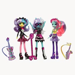 Size: 500x500 | Tagged: safe, photo finish, pixel pizazz, violet blurr, equestria girls, doll, keytar, microphone, musical instrument, official, ponied up, saxophone, the snapshots, toy