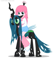 Size: 900x950 | Tagged: safe, artist:mixermike622, queen chrysalis, oc, oc:fluffle puff, changeling, changeling queen, equestria girls, ear bite, frown, nom, riding, simple background, smiling, transparent background, vector