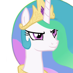 Size: 600x600 | Tagged: safe, screencap, princess celestia, alicorn, pony, twilight's kingdom, ethereal mane, female, flowing mane, looking at someone, mare, multicolored mane, purple eyes, simple background, smiling, smirk, smuglestia, solo, transparent background, vector