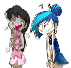 Size: 1211x1152 | Tagged: safe, artist:fj-c, dj pon-3, octavia melody, vinyl scratch, equestria girls, alternate hairstyle, clothes, dress, laughing, skirt, unamused, vinyl class, vinyl is not amused