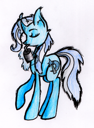 Size: 572x772 | Tagged: safe, artist:crayonponies, derpibooru import, trixie, pony, unicorn, blue coat, drink, female, horn, mare, solo, two toned mane