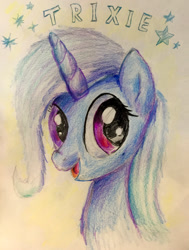 Size: 1000x1320 | Tagged: safe, artist:xbi, derpibooru import, trixie, pony, unicorn, bust, cute, diatrixes, fluffy, looking at you, pencil drawing, portrait, smiling, solo, sparkles, traditional art