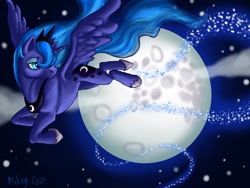 Size: 800x600 | Tagged: safe, artist:angermuffin, princess luna, alicorn, pony, flying, moon, solo