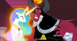 Size: 1535x814 | Tagged: safe, screencap, lord tirek, princess celestia, alicorn, pony, twilight's kingdom, hub logo, meme, religion in the comments, scorpan's necklace, youtube caption