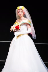 Size: 1367x2048 | Tagged: safe, artist:melodious-angel, princess cadance, human, bouquet, clothes, cosplay, evening gloves, irl, irl human, oni-con, photo, solo, veil