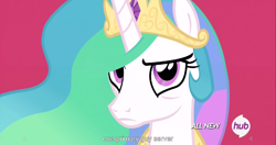 Size: 1536x811 | Tagged: safe, screencap, princess celestia, alicorn, pony, twilight's kingdom, hub logo, meme, solo, youtube caption