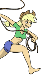 Size: 436x791 | Tagged: safe, artist:varemia, applejack, equestria girls, belly button, cleavage, clothes, daisy duke, feet, female, lasso, midriff, running, shorts, solo