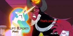 Size: 1280x634 | Tagged: safe, edit, edited screencap, screencap, lord tirek, princess celestia, alicorn, pony, twilight's kingdom, caption, fart, fart noise, female, hub logo, hubble, implied pooping, mare, onomatopoeia, scorpan's necklace, sound effects, text, the hub