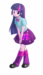 Size: 342x600 | Tagged: dead source, safe, artist:pan, twilight sparkle, twilight sparkle (alicorn), alicorn, equestria girls, bowtie, clothes, leaning, looking at you, pixiv, shirt, simple background, skirt, solo, white background