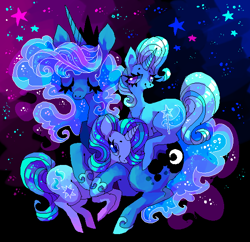 Size: 600x581 | Tagged: safe, artist:njeekyo, derpibooru import, princess luna, starlight glimmer, trixie, alicorn, pony, unicorn, color porn, eyes closed, hug, pony pile, stars