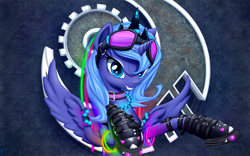 Size: 3520x2200 | Tagged: safe, artist:xn-d, princess luna, alicorn, pony, boots, collar, crown, cute, cyberpunk, female, glowstick, goggles, lunabetes, mare, rave, s1 luna, smiling, solo