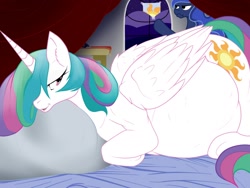 Size: 1280x960 | Tagged: safe, artist:m-p-l, princess celestia, princess luna, alicorn, pony, annoyed, bed, bedroom eyes, frown, looking at you, pillow, preglestia, pregnant, prone, scrunchy face, smiling, story included, tired, unamused