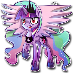 Size: 900x900 | Tagged: safe, artist:inky-pinkie, princess cadance, princess celestia, princess luna, twilight sparkle, twilight sparkle (alicorn), alicorn, pony, twilight's kingdom, alicorn tetrarchy, bad end, corrupted, fusion, solo, spread wings, tyrant sparkle, wings